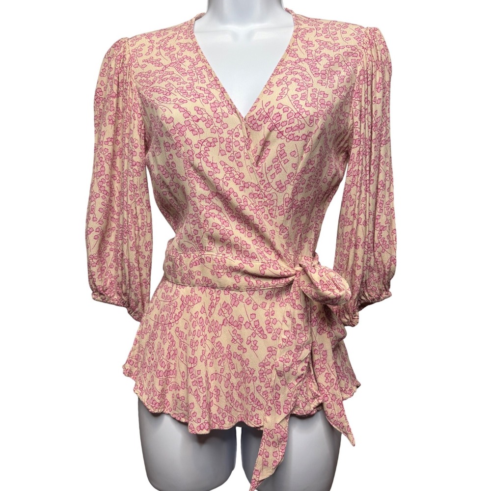GANNI Womens Pink Floral Wrap Puff Sleeve Top Sz 34/XS Scandi Peplum Romantic